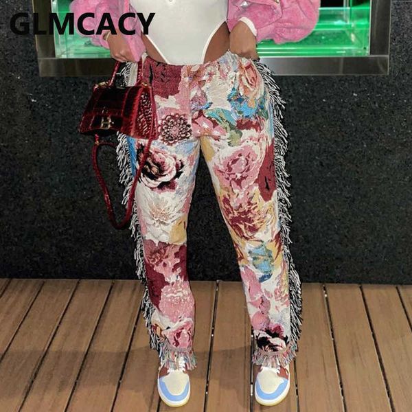 

floral printed tassels fringed pants chic streetwear trousers 210702, Black;white