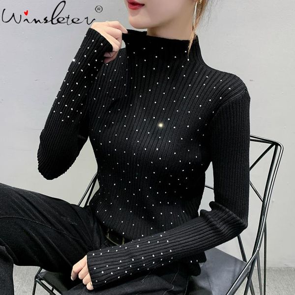 

women's sweaters 2021 sweater women diamonds beading mock neck long sleeve stretchy pullover knitwear jumper spring autumn t17003a, White;black