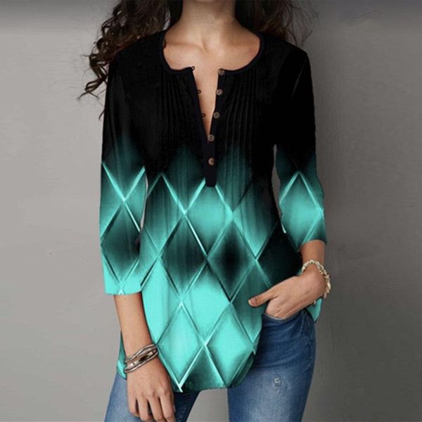 

women's blouses & shirts summer women v-neck printed mesh gradient casual ladies button clothing soft plus size loose mid-sleeve, White
