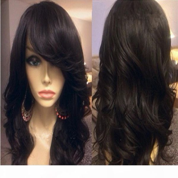 

7a grade malaysian body wave full lace human hair wigs with side bangs glueless full lace wigs human hair for black women, Black;brown