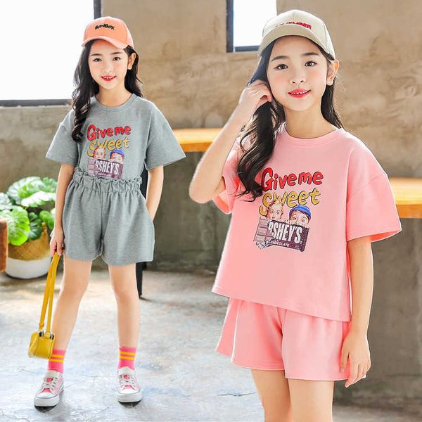 

elder girls letter print clothes set korean teenagers t-shirt and shors 2pcs boutique outfit 210529, White