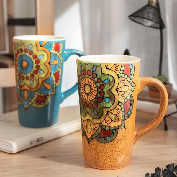 

mugs traditional style mug sun flower art pattern ceramic 500ml larger capacity coffee milk breakfast cup creative gift cups