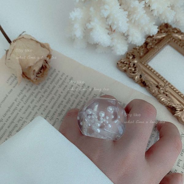 

hbp fashion ins wind niche design exaggerated transparent acrylic dust covered pearl middle index finger ring trendy girl, Silver