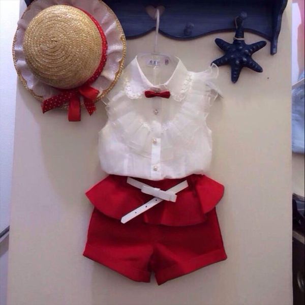 

newborn baby girls sweet lovely summer 2pcs sleeveless turn down collar lace floral bow white shirts ruffles red shorts