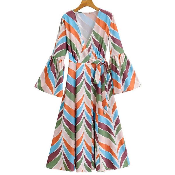 

casual dresses 2021 summer women dress deep v-neck striped female flared sleeves pleated a-line size l, Black;gray