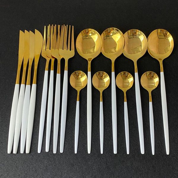 

dinnerware sets 16pcs white gold cutlery set kitchen mirror 304 stainless steel flatware tableware knife fork spoon