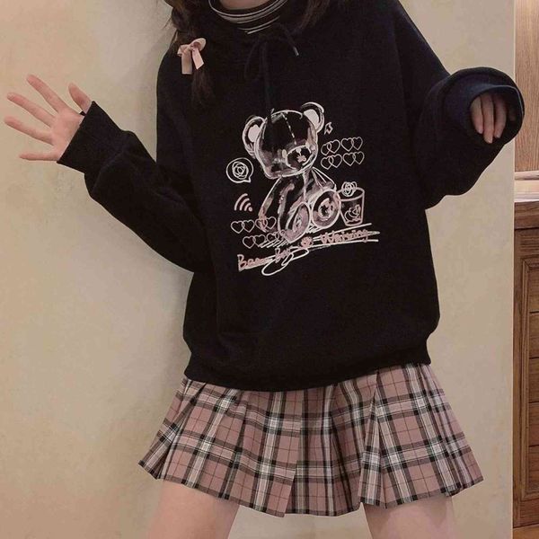 

women's hoodies & sweatshirts hoodies korea bear cute loose hip hop streetwear vintage punk casual harajuku new clothing plus, Black