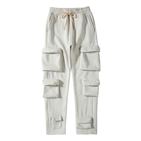

2021 new multi-pocket joggers velo sweatpants masculino slido streetwear drawstring casual harem calas preto branco solto g2dc, Black