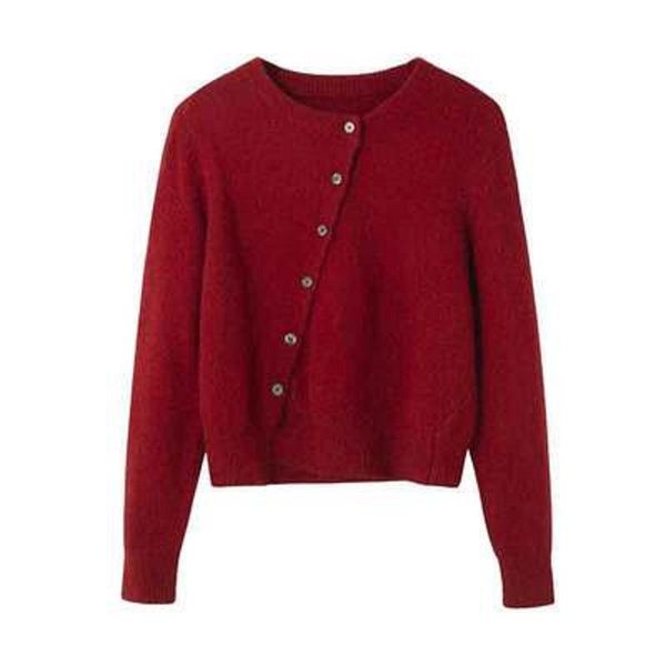 

women's knits & tees 2021 autumn fashion round neck long sleeve solid color sweater jacket women irregular diagonal button knitted card, White