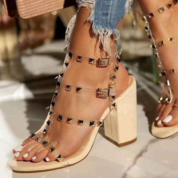 

2021 summer women's rivet pvc high heels women shoes plus size new banquet slippers casual flip flop buckle fashion sandals ra11, Black