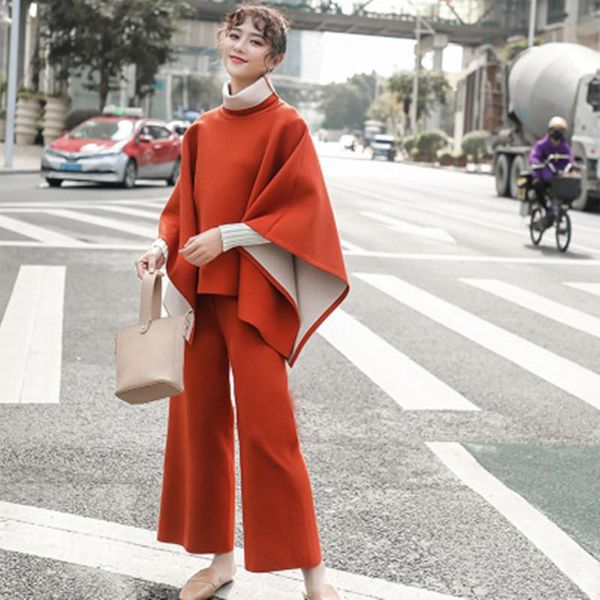 

women's two piece pants 2021 winter autumn thicken warm knitted suit 2 turtleneck cloak loose and woman woolen blends sweater set, White