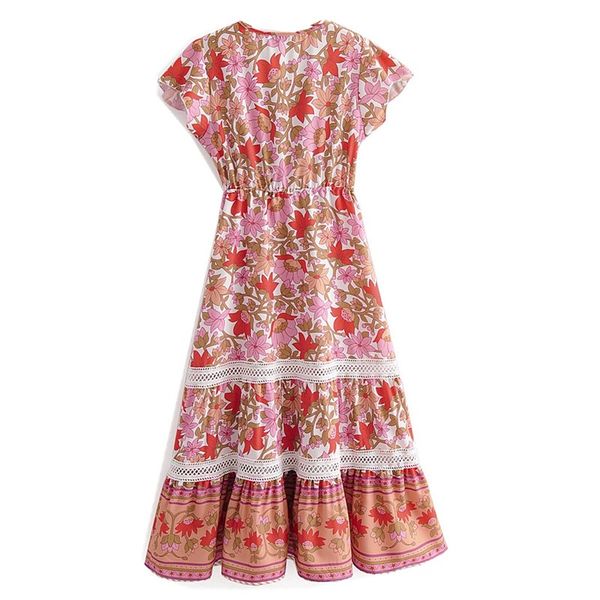 

2021 boho stitching hollow out lace floral print short sleeve dress holiday women v neck lace up adjust waist maxi long dresses, Red