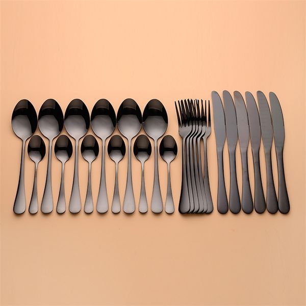 Louça preta colher de aço inoxidável 24 pcs conjunto de louça completa conjunto de aço preto cutelaria colher garfo faca conjunto 210706