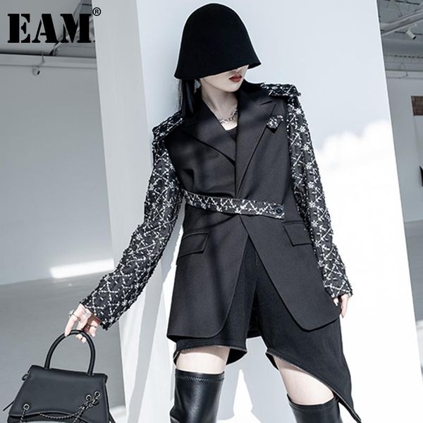 

[eam] women black irregular embroidery big size blazer new notched long sleeve loose jacket fashion spring autumn 2021 1dd5557, White;black