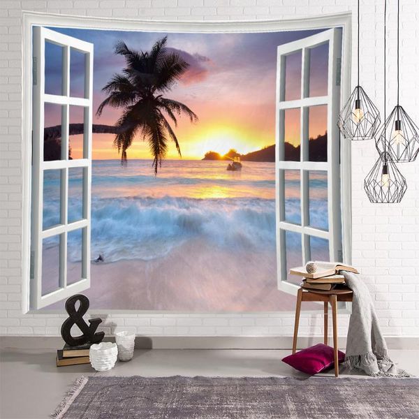 

tapestries sepyue window scenery wall hanging palm tree tapestry landscape printing the great ocean wave decor