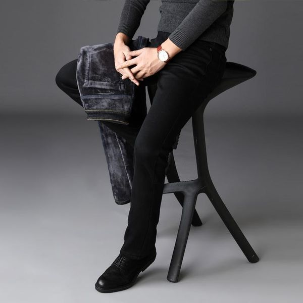 

men's jeans winter warm fleece slim fit 2021 classic casual black fashionable comfy stretch business denim pants, Blue