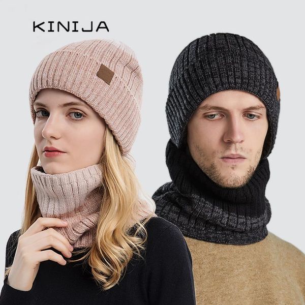 

beanies winter ski cap scarf set cycling neck warm knitted hat for men two color splicing women thick wool skullies