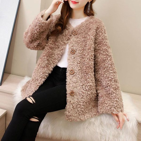 

women's fur & faux winter coat female 2021 long sheep shearling jackets women wool casual coats o-neck single breasted jaqueta feminina, Black
