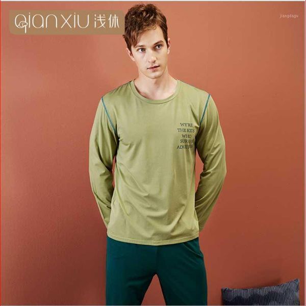 

men's sleepwear spring autumn men mo cotton pajama sets male long sleeve o-neck collar t shirt & pants casual suit xxxl, Black;brown