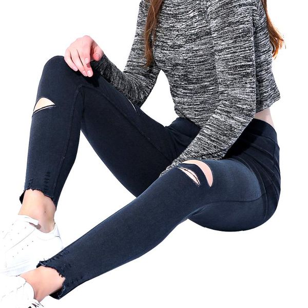 

women's leggings ,plus size hole imitation jeans, Black