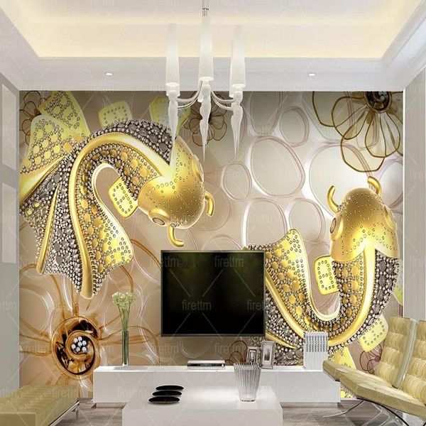 

new custom 3d large mural wallpaper gold and silver jewelry pisces glass painting children's room tv background living bedroom