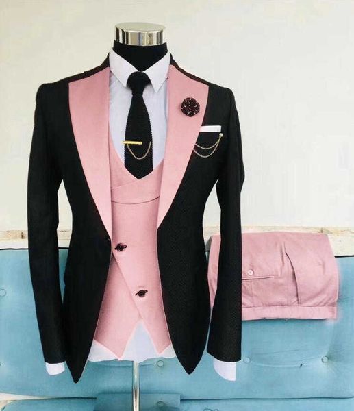 Последние пальто брюки дизайна черный розовый жилет мужские классические костюмы для свадебного жениха смокинг тонкая подходит Terno Masculino Prom Pripty 3 шт. X0608