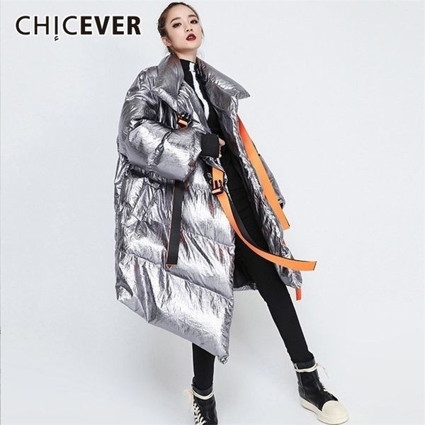 

chicever ribbons women's winter down jackets stand collar long sleeve asymmetric jacket female fashion clothes tide y201006, Black