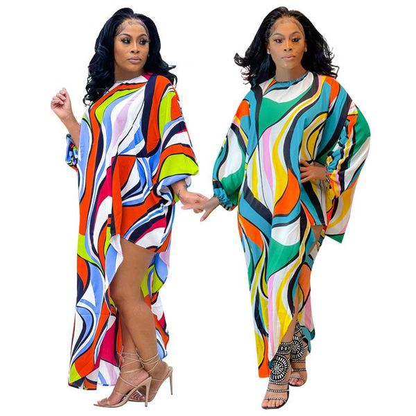 

casual dresses donsignet women dress 2021 summer loose waist stripe printed irregular long o-neck sleeve vestido feminino, Black;gray
