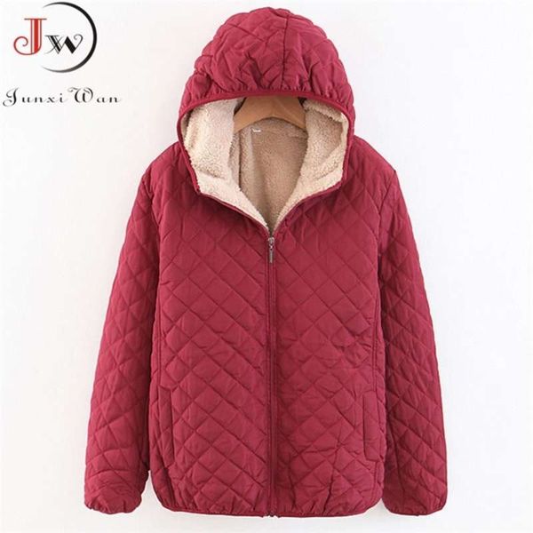 

women autumn winter parkas coat jackets female lamb hooded plaid long sleeve warm jacket plus size s~3xl casaco feminino 210922, Black;brown