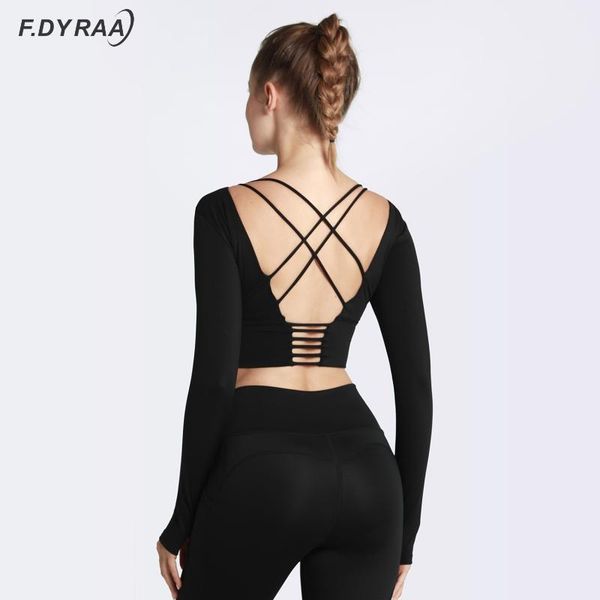 

yoga outfits f.dyraa back cross tight sport gym shirts women long sleeve workout fitness crop with chest pad running clothing, White;red
