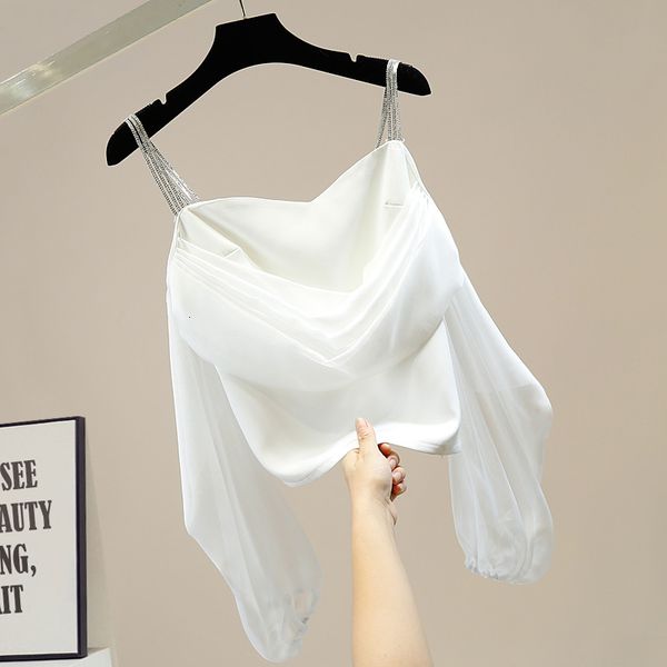 

women's blouse diamond strap slash neck off shoulder mesh seam short female shirts 2021 new fashion blouses uqj8, Black