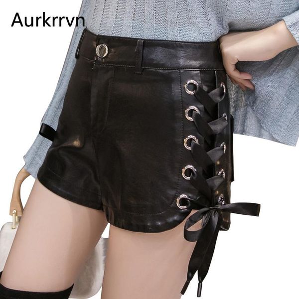 

aurkrrvn women bandage pu leather shorts for female high waist nigh club shorts faux leather lady cool streetwear 2021, White;black