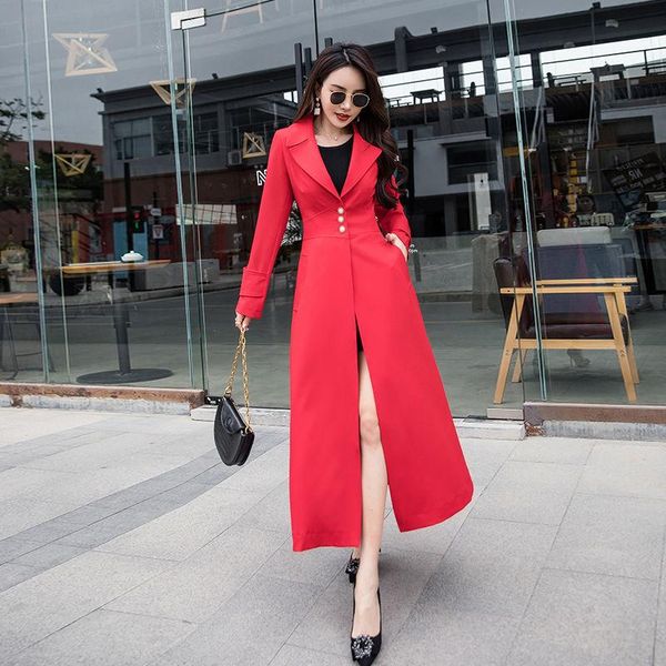 

women's trench coats england style slim oversized x-long women coat three buttons lady streetwear windbreaker lapel spring fall outerwe, Tan;black