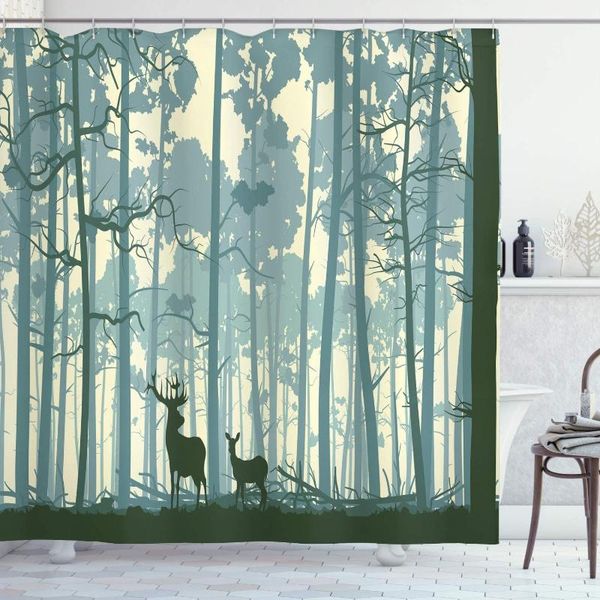 

shower curtains forest green deer curtain animal silhouette in foggy animals nature themed cartoon dusk artwork bath