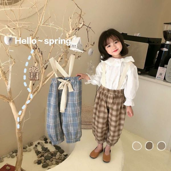 

2021 spring clothing new girl's bow plaid suspenders children's pants, Blue