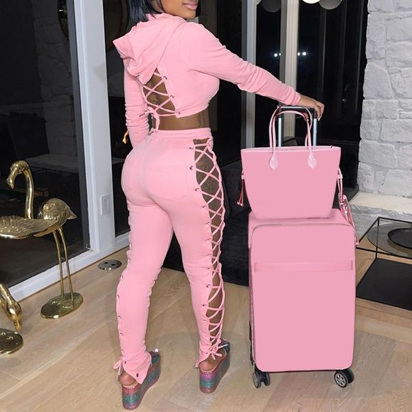 

women's two piece pants hollow lace up tracksuit women sets fashion hooded long sleeve and pant suit conjuntos de mujer, White