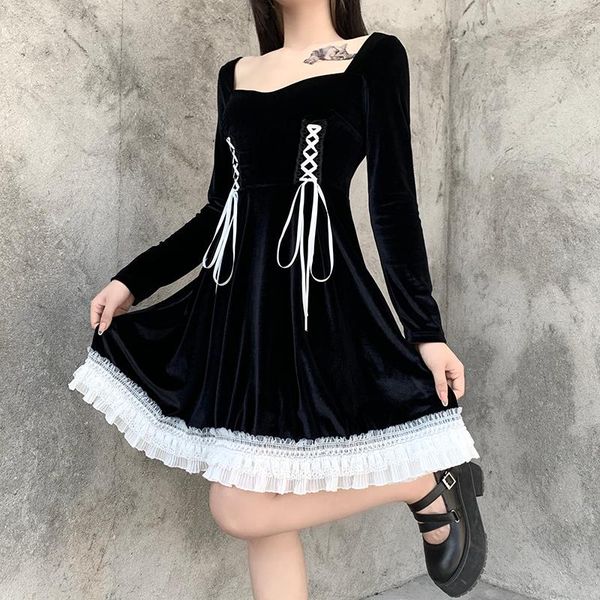 

casual dresses women's dress gothic lolita strap party for women lace stitching square collar a- line goth woman clothing, Black;gray