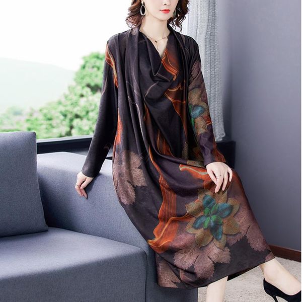 

casual dresses 2021 vintage loose print 4xl plus size midi dress autumn winter long sleeve women elegant bodycon party vestidos, Black;gray