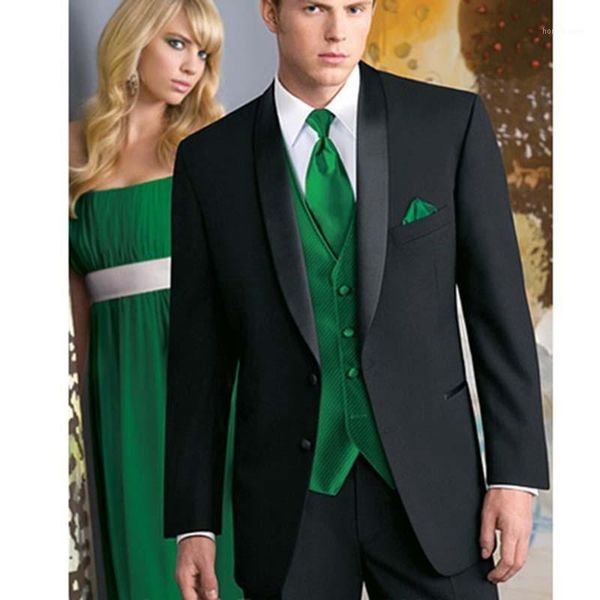 

custom made tailored men bespoke suit black mens suits tuxedo with satin lapel and green vest (jacket+pants+vest+tie+p square) men's &, White;black