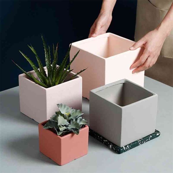 Vaso per piante in ceramica colorata in stile industriale nordico Vaso per fiori succulente Fioriera a forma di cubo verde con vassoio abbinato con foro 210922