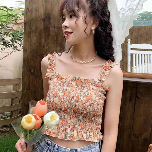 

women lace up tank floral print camisole sweet girls crop slim summer female, White