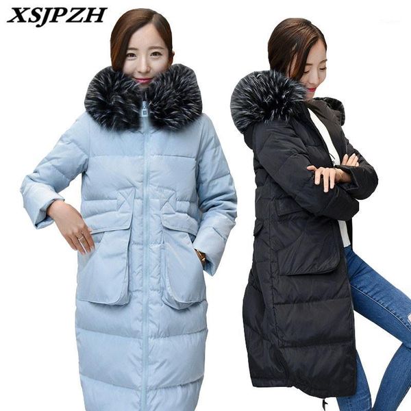 

xsjpzh2018 new winter women down coats large size hooded mule fur collar coat cape type thick 80% white duck down jacket sh1761, Black