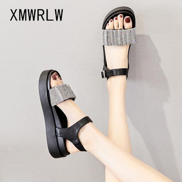 

sandals xmwrlw 2021 split leather women summer fashion rhinestone female shoes high heels for sandal, Black