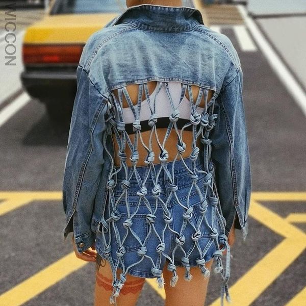 

women's jackets 2021 women backless jean jacket lapel collar long sleeve tassel bandages summer coat female fashion tide, Black;brown