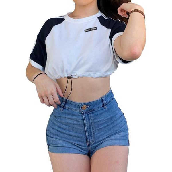 

women's t-shirt women fashion short sleeve color block stylish drawstring crop for ladies, White