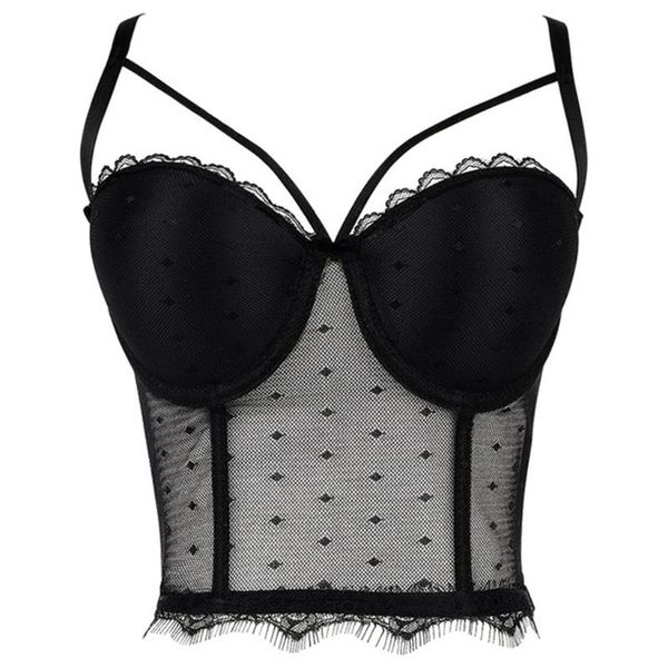 

women's tanks & camis women bustier bra sheer polka dot mesh eyelash lace trim camisole vest club party boned corset, White