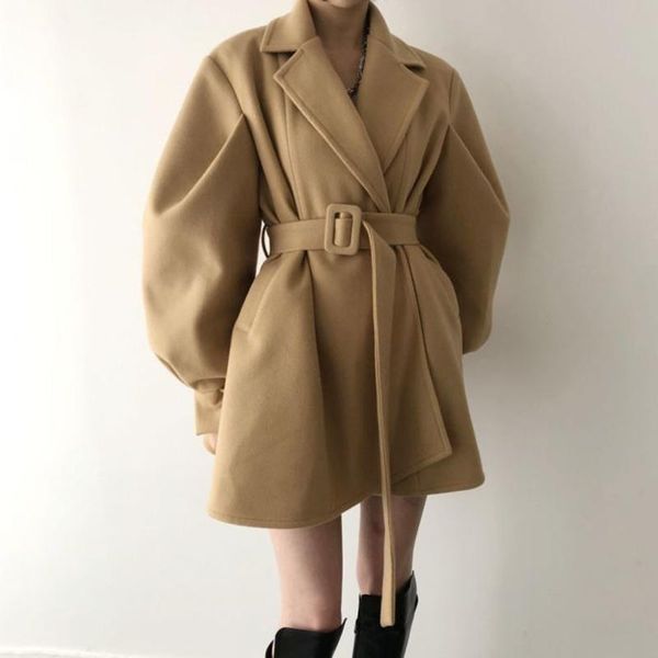 

women's wool & blends vintagetemperament lapel bubble sleeve coat women belt collect waist thicken warm woolen coats abrigos mujer invi, Black
