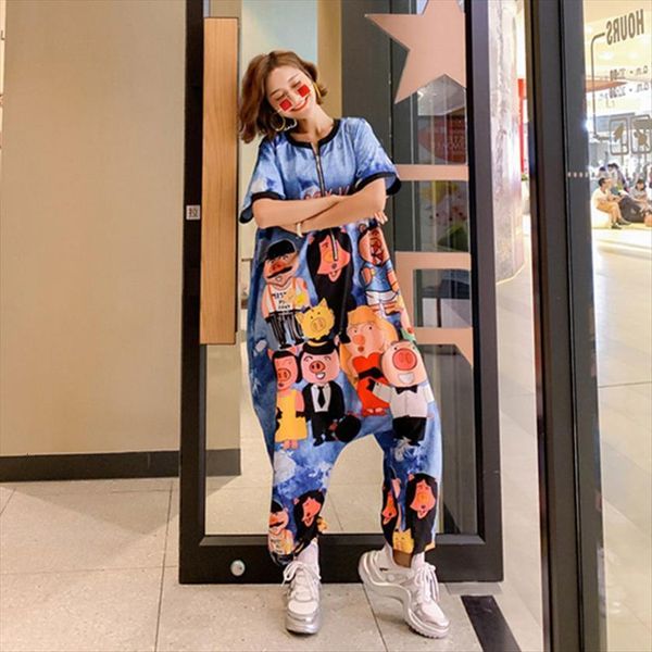 

high street long sleeve women romper rock design cartoon printed overalls large plus size loose dance pants hooded, Black;white