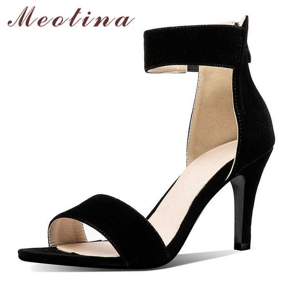 

meotina summer sandals women shoes zipper stiletto heels ankle strap shoes super high heel party sandals lady red size 3-12 210608, Black