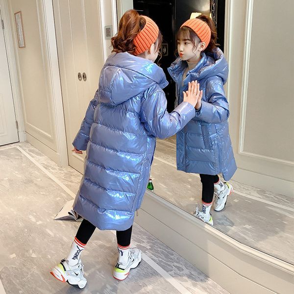

2021 new girls winter jacket with long hoodie outerwear proof dwaterproof reflective bright water children clothes 4 5 7 8 9 11 12 e32w, Blue;gray
